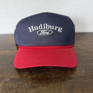 Vintage Hudiburg Ford Trucker Hat Snapback Navy Blue Red Rope Cap 80s 90s